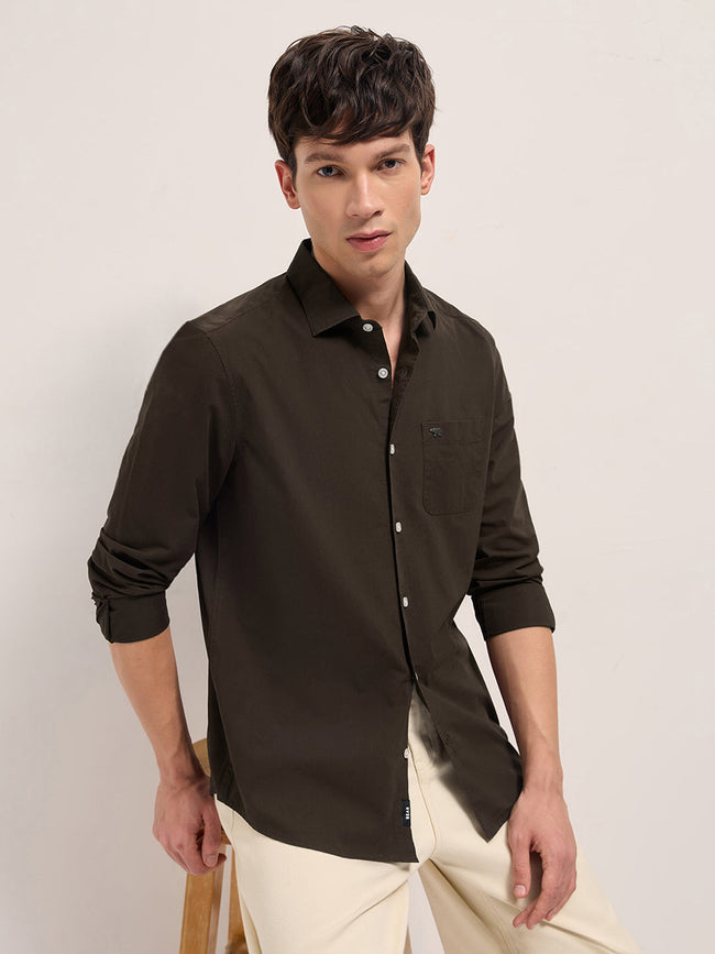 Men Brown Cotton Solid Slim Fit Casual Shirt