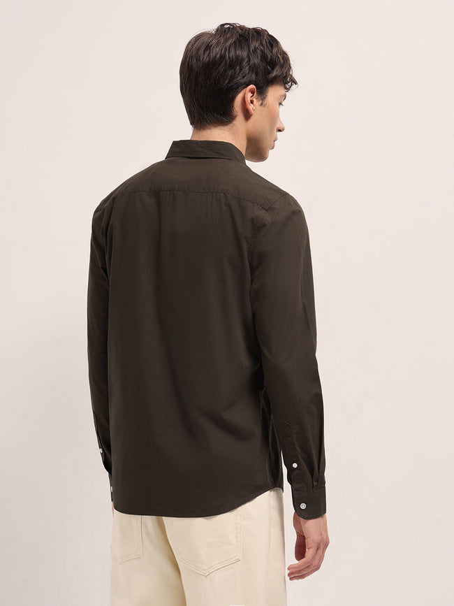 Men Brown Cotton Solid Slim Fit Casual Shirt