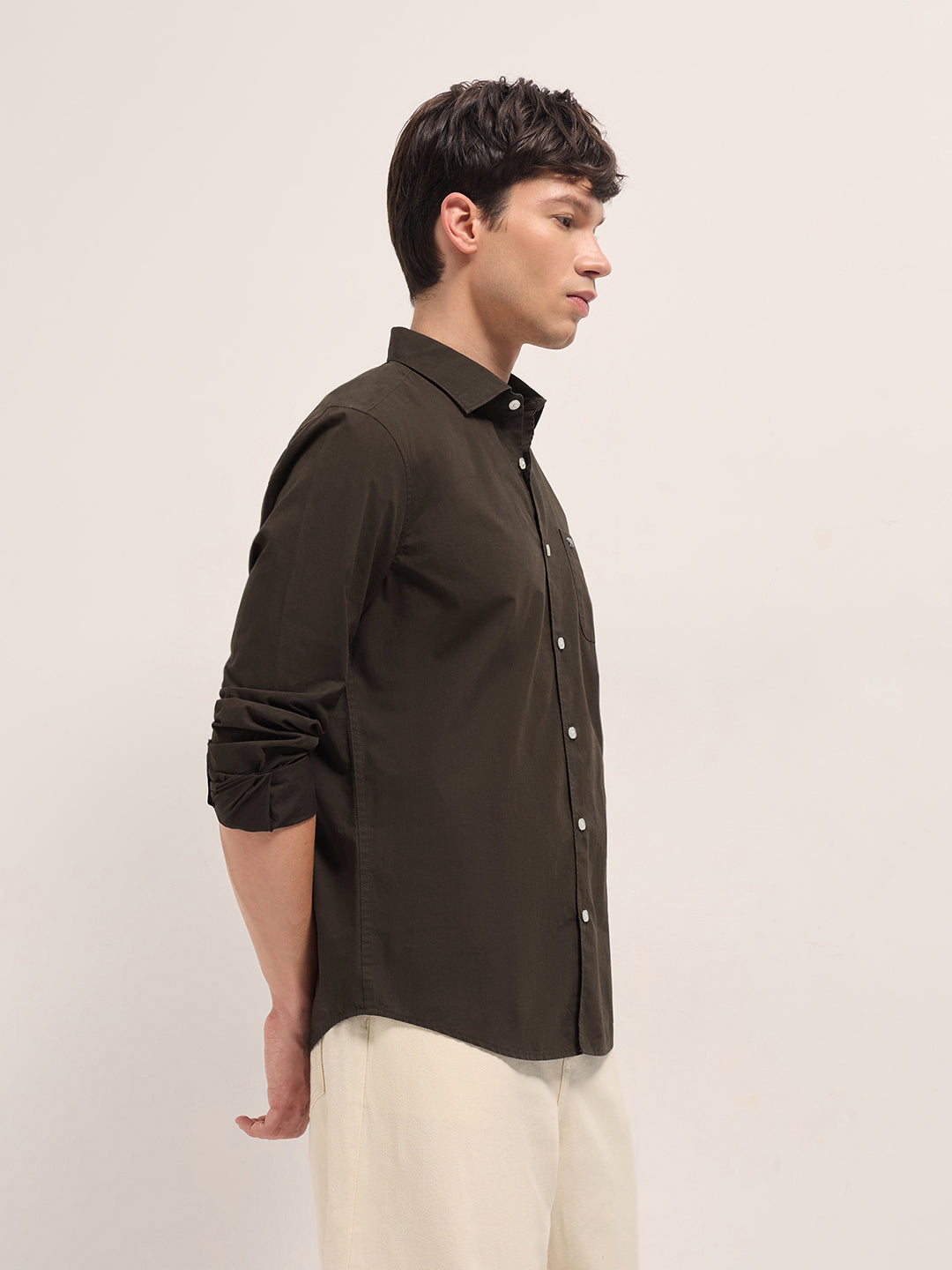 Men Brown Cotton Solid Slim Fit Casual Shirt
