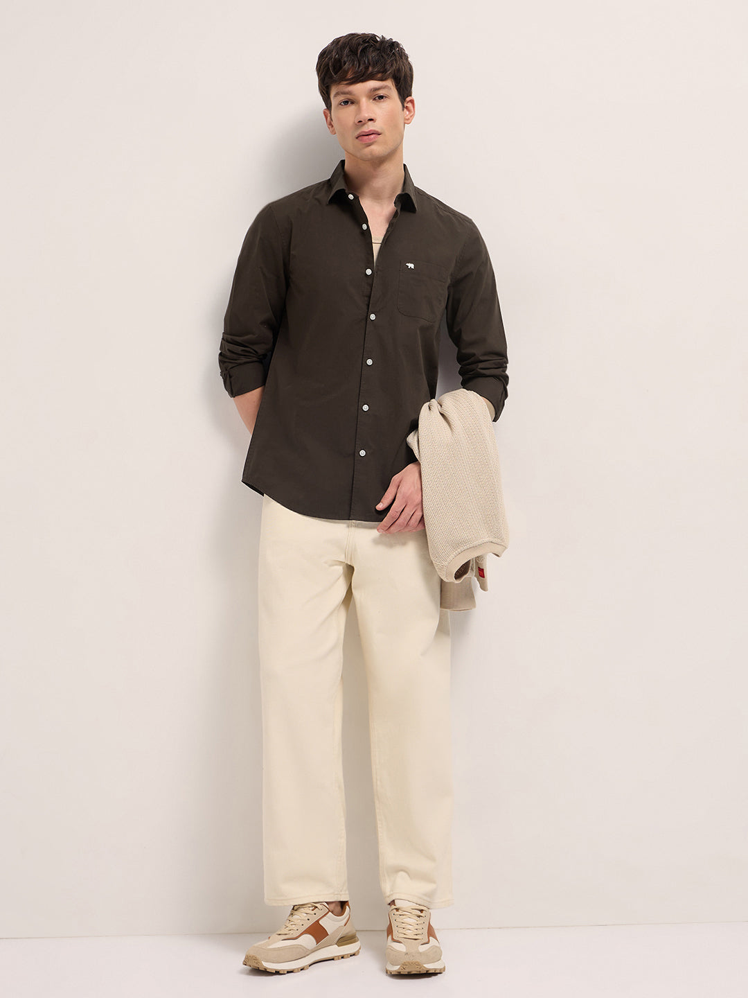 Men Brown Cotton Solid Slim Fit Casual Shirt