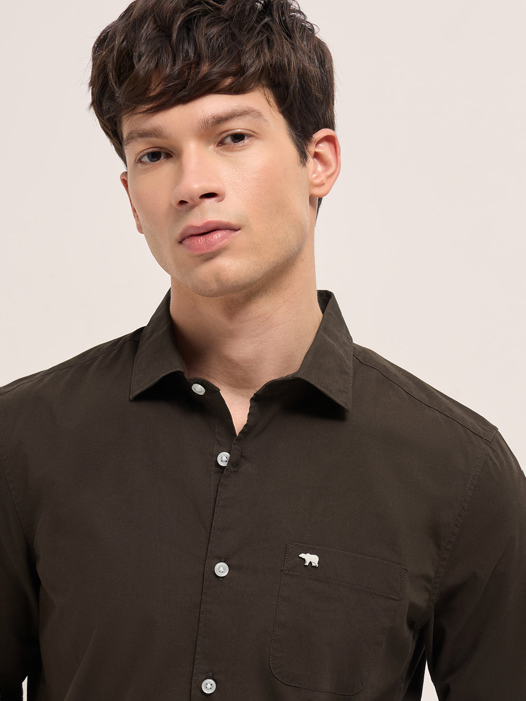 Men Brown Cotton Solid Slim Fit Casual Shirt