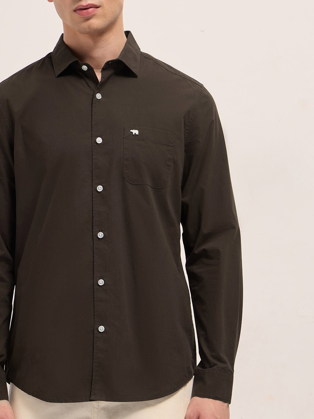 Men Brown Cotton Solid Slim Fit Casual Shirt