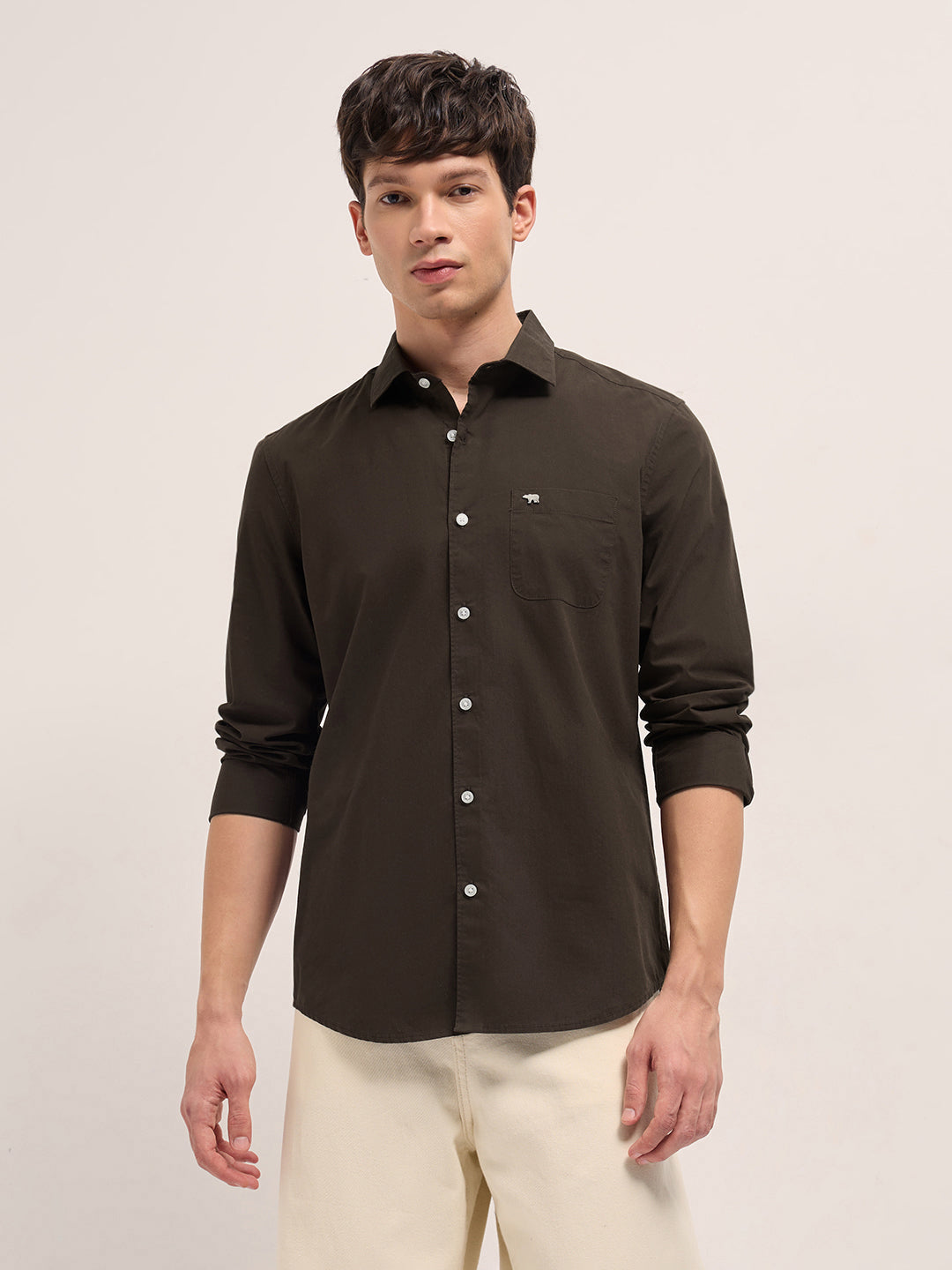 Men Brown Cotton Solid Slim Fit Casual Shirt
