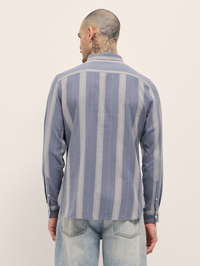 Men Blue Vertical Stripes Slim Fit Casual Shirt