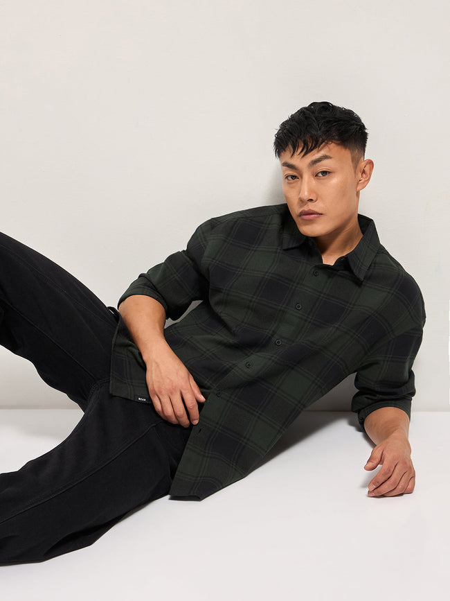Men OliveBlack Tartan Check Relaxed Fit Shacket