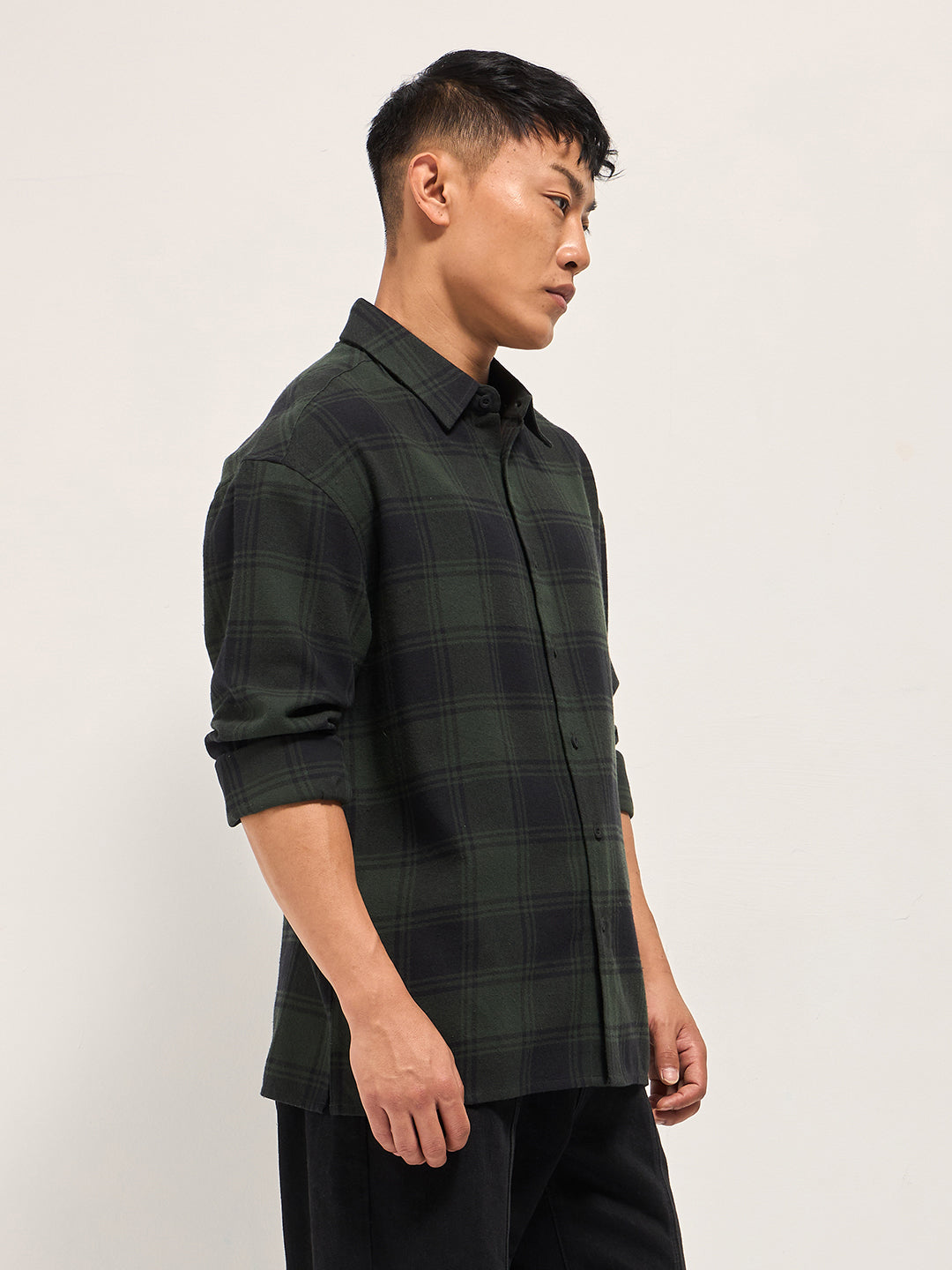 Men OliveBlack Tartan Check Relaxed Fit Shacket