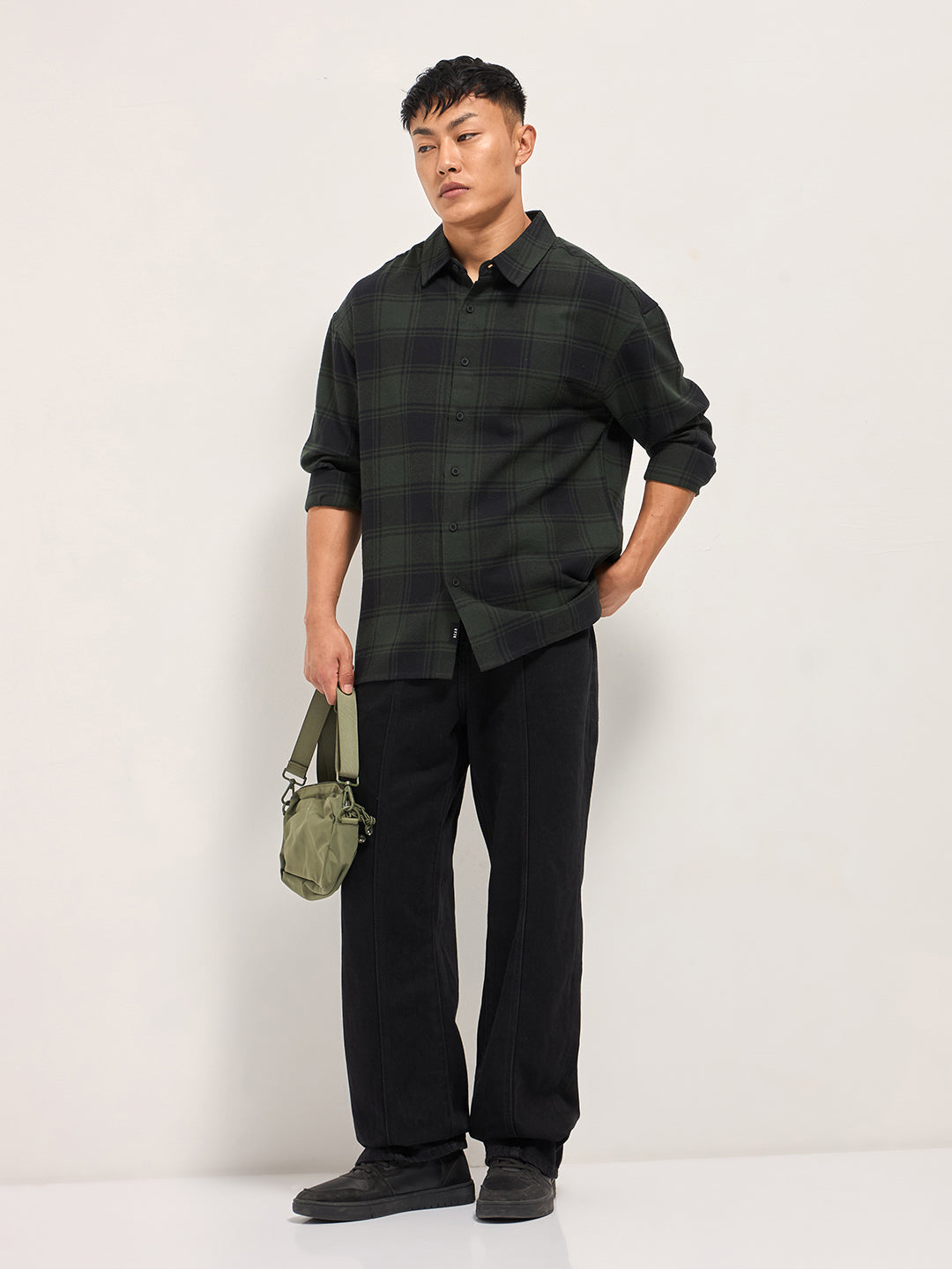 Men OliveBlack Tartan Check Relaxed Fit Shacket