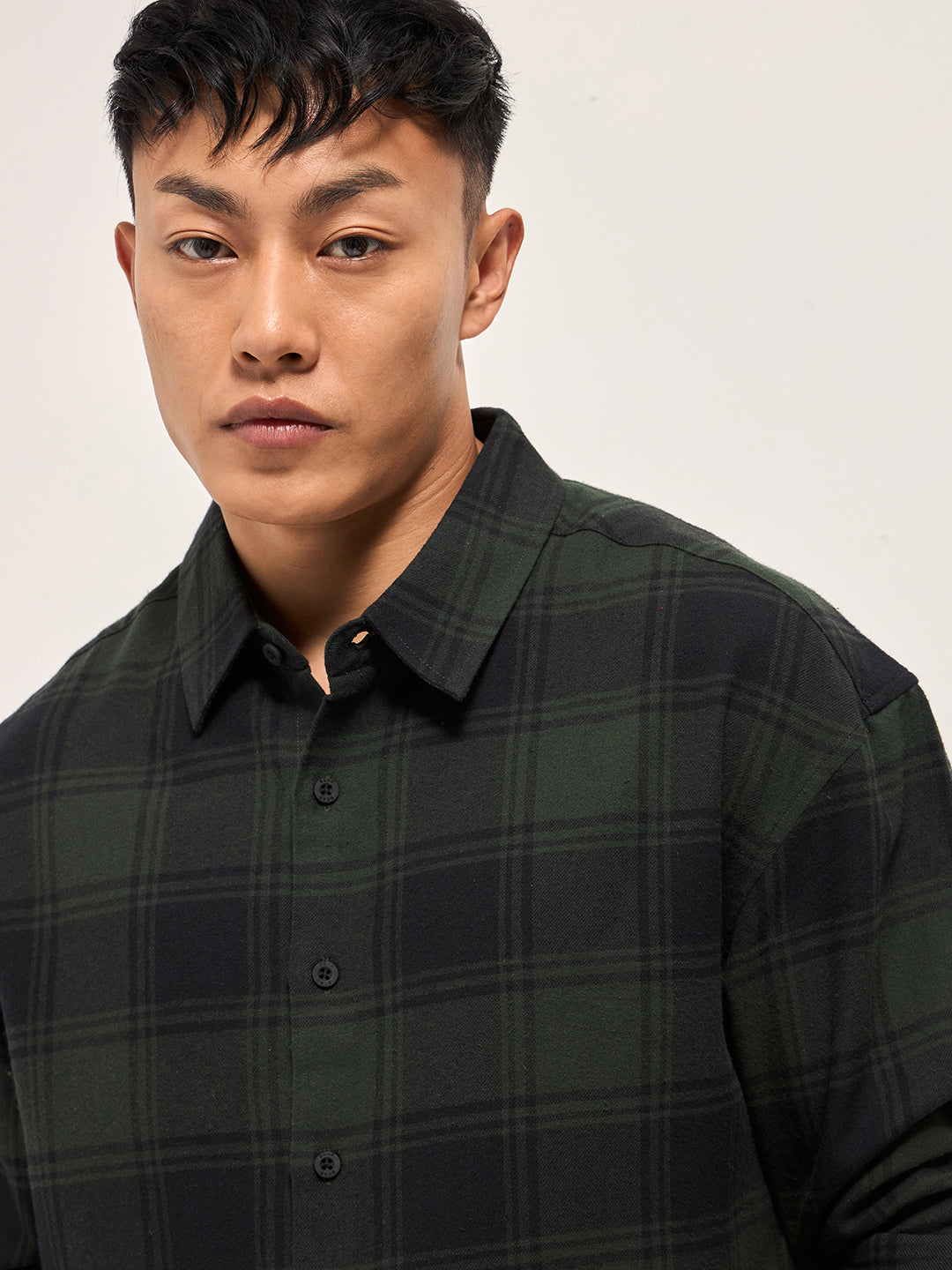 Men OliveBlack Tartan Check Relaxed Fit Shacket