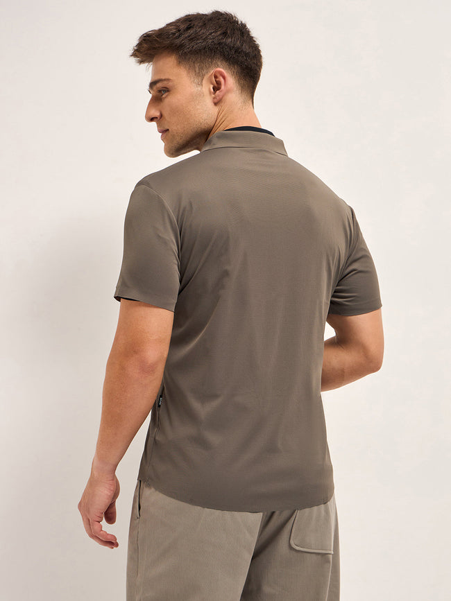 Men Brown Solid Nylon Blend Classic Spread Collar Shirt