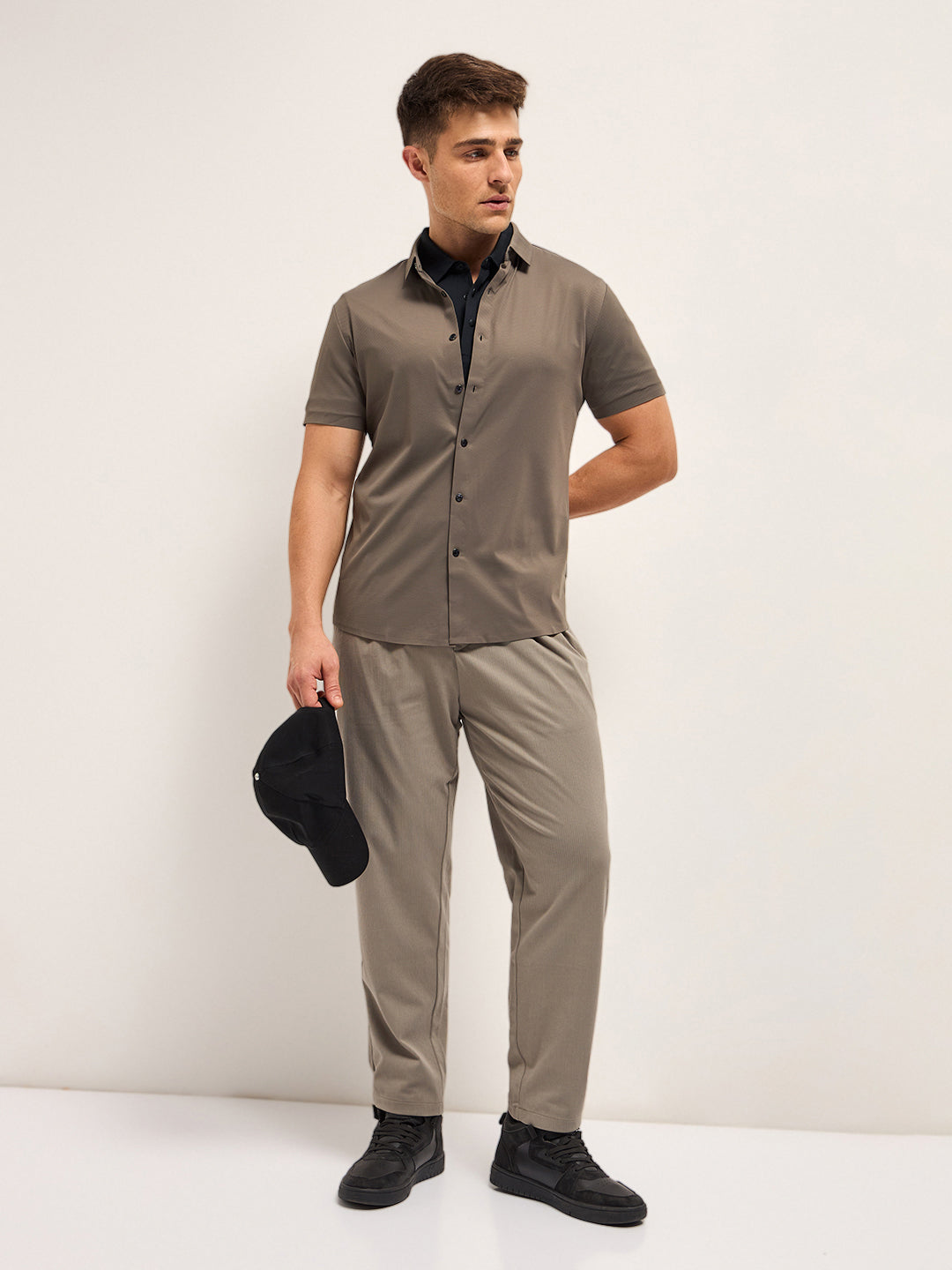 Men Brown Solid Nylon Blend Classic Spread Collar Shirt