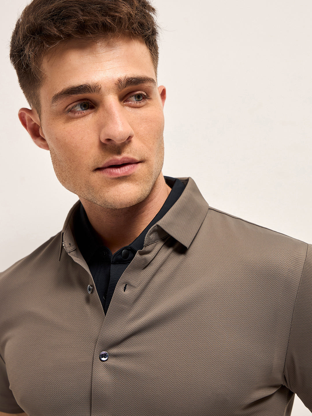 Men Brown Solid Nylon Blend Classic Spread Collar Shirt