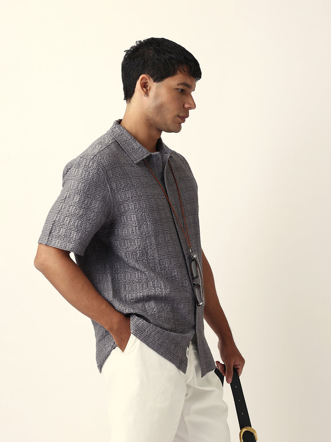 Men Grey Nylon Self Design Shirt