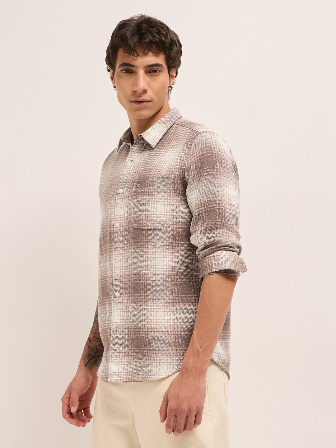 Men Herringbone Checked Design Casual Shirt