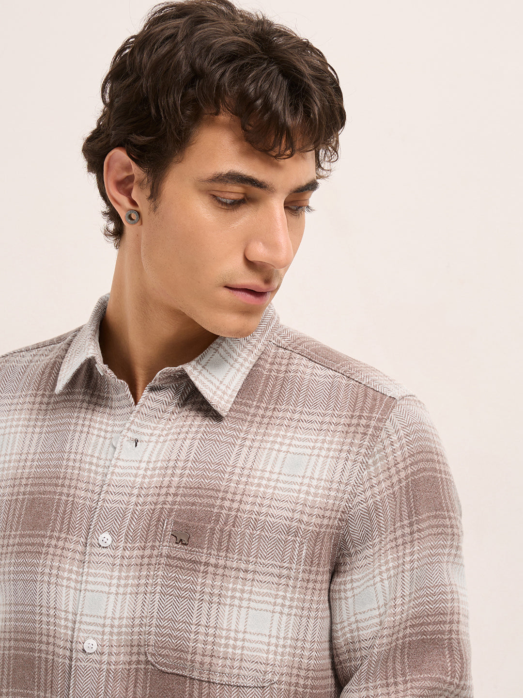 Men Herringbone Checked Design Casual Shirt