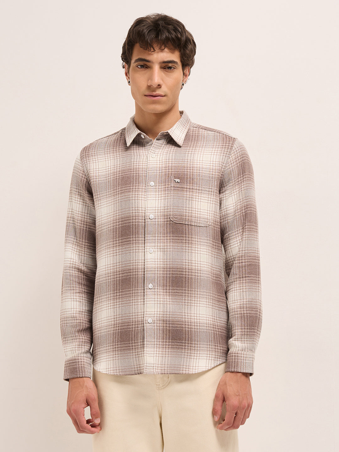 Men Herringbone Checked Design Casual Shirt