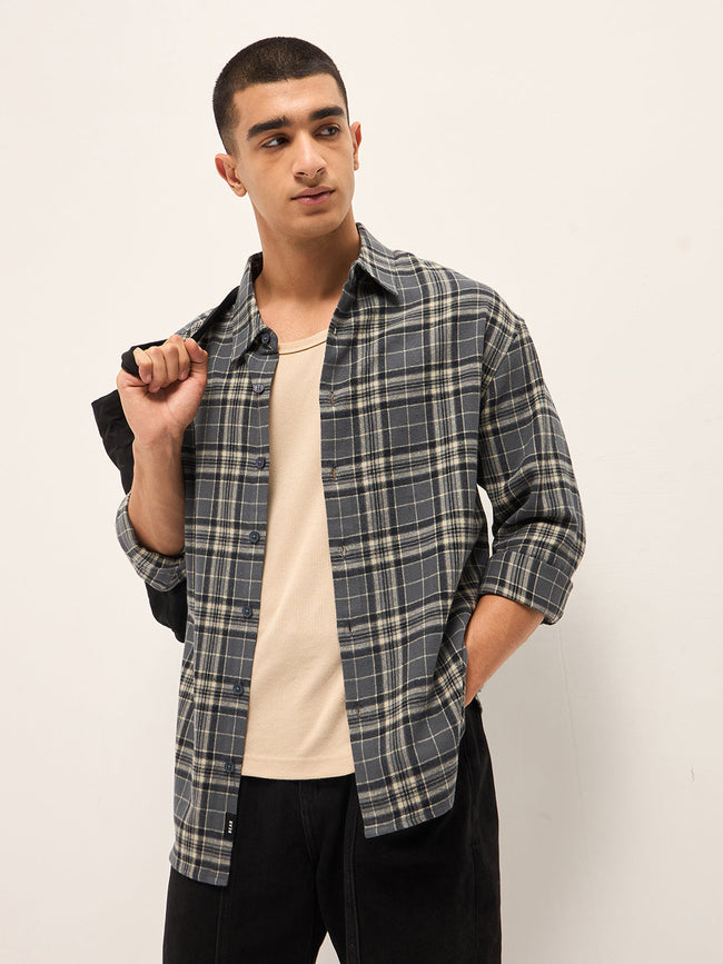 Men Grey Tartan Checked Relax Fit Overshirt