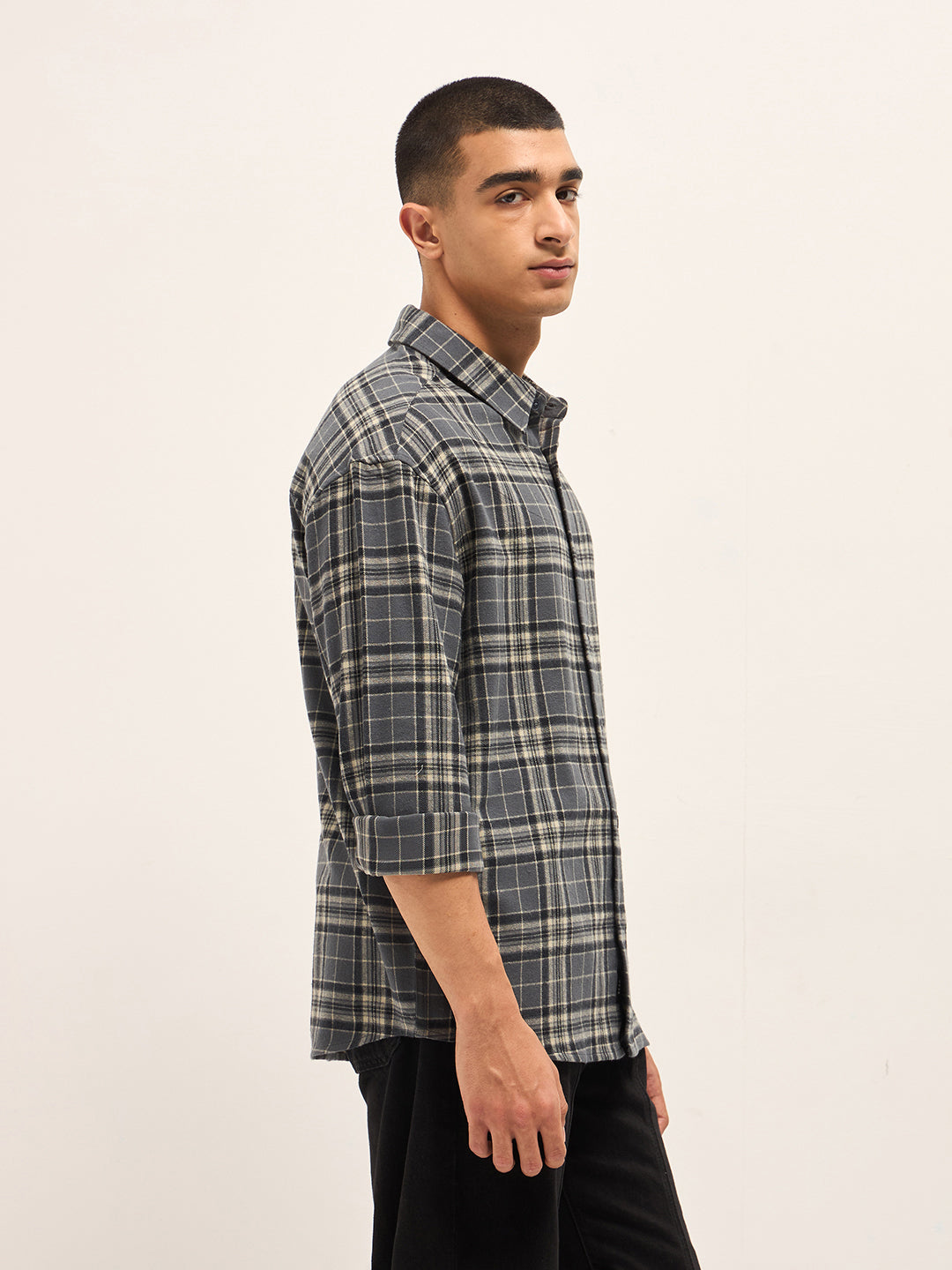 Men Grey Tartan Checked Relax Fit Overshirt