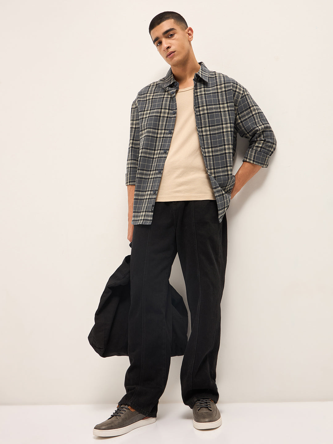 Men Grey Tartan Checked Relax Fit Overshirt