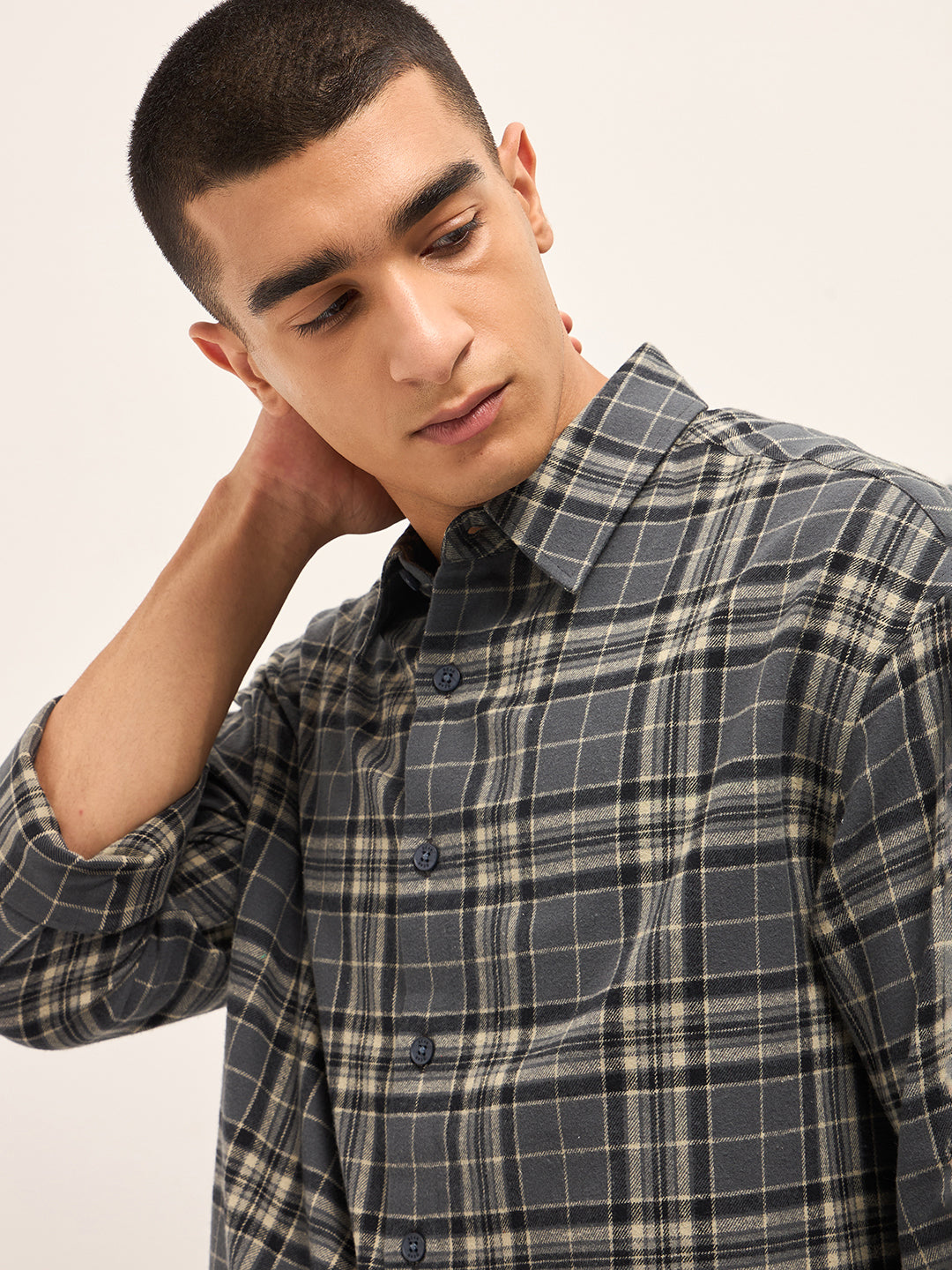 Men Grey Tartan Checked Relax Fit Overshirt