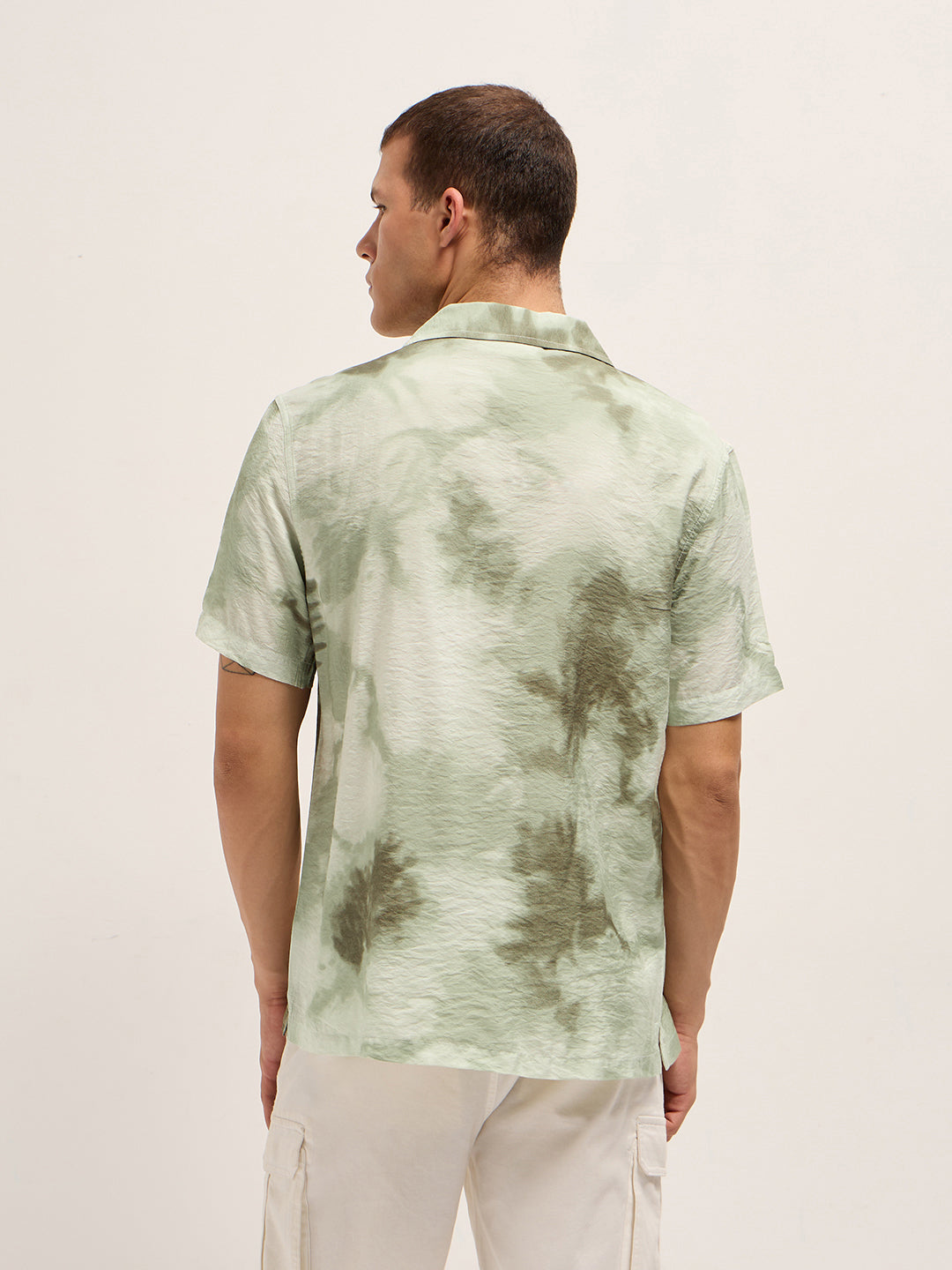 Men Light Green Faded Abstract Print Relaxed Fit Cuban Collar Shirt