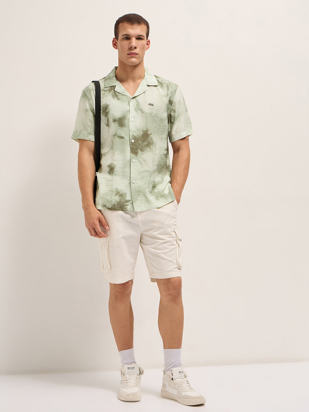 Men Light Green Faded Abstract Print Relaxed Fit Cuban Collar Shirt