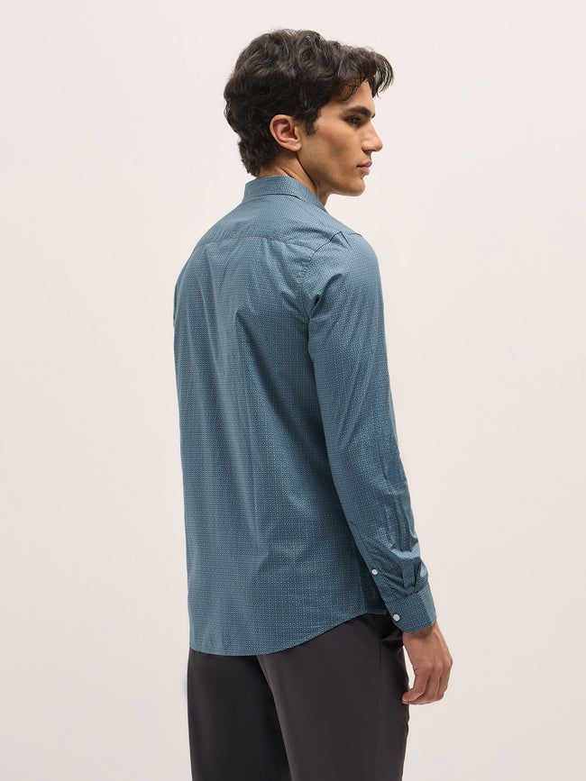 Men Crystal Teal Blue Geometric Printed Tailored Fit Formal Shirt