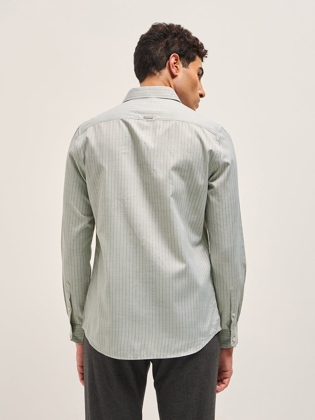 Men Light Green Vertical Striped Tailored Fit Formal Shirt