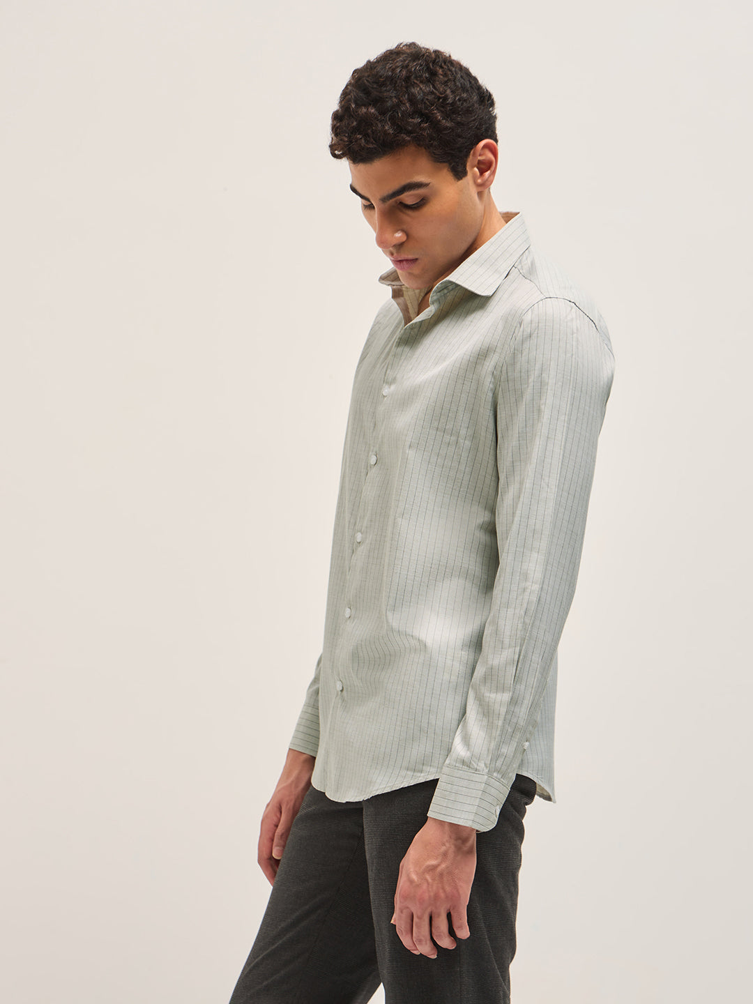 Men Light Green Vertical Striped Tailored Fit Formal Shirt