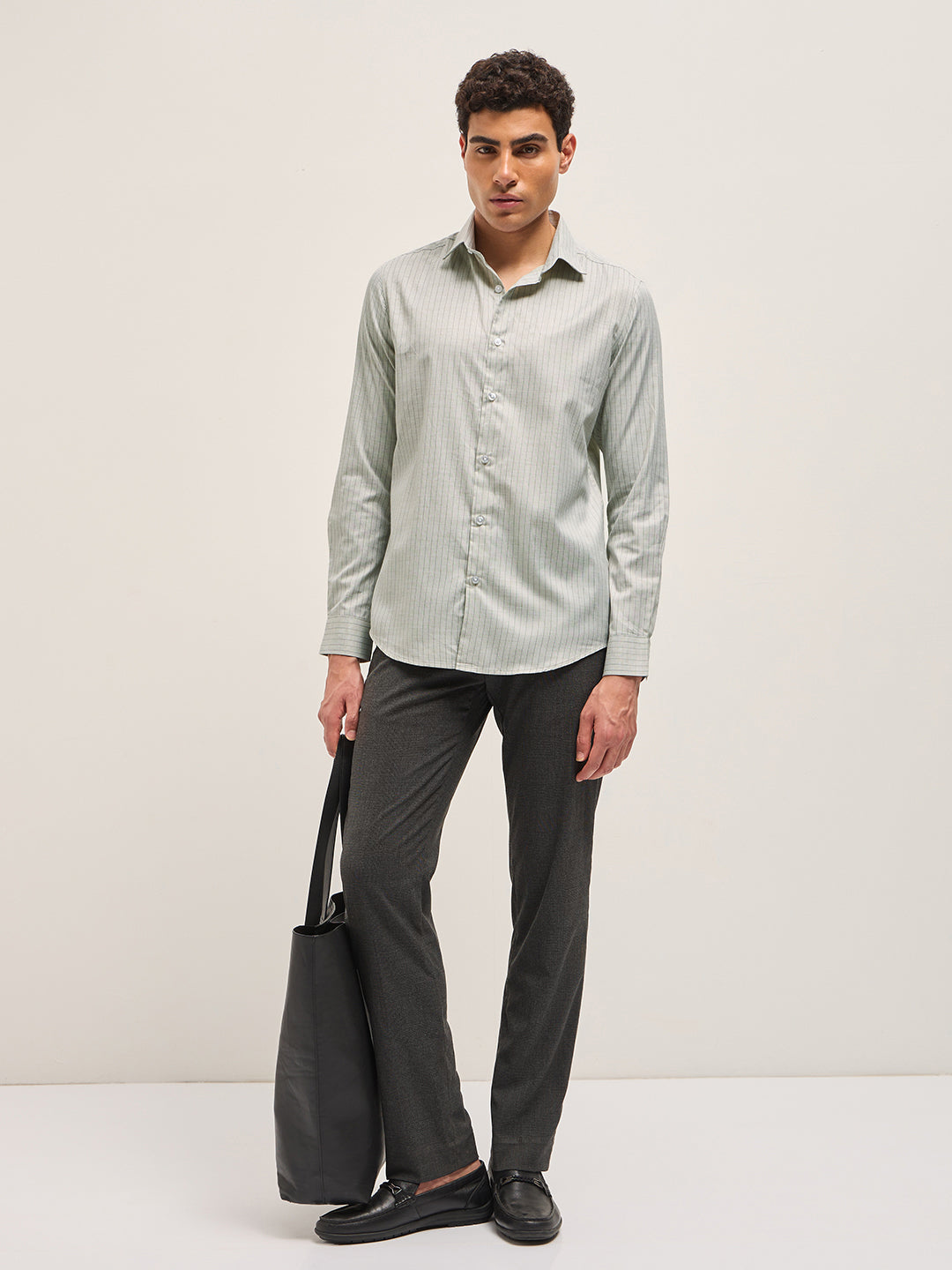 Men Light Green Vertical Striped Tailored Fit Formal Shirt