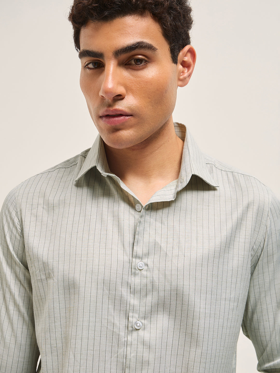 Men Light Green Vertical Striped Tailored Fit Formal Shirt