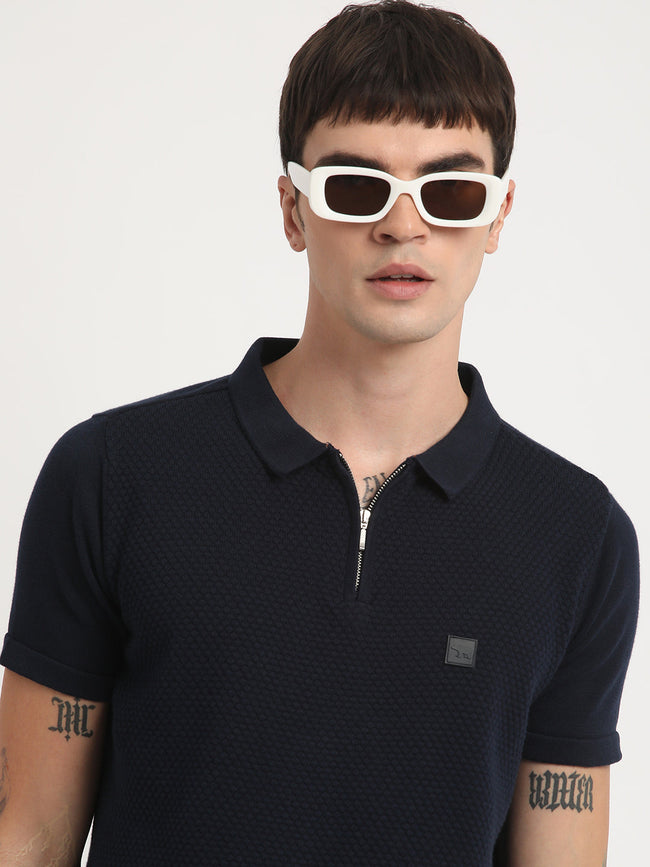 Men Ardor Edition Blue Self Design Slim Fit Knitted Polo Collar T-shirt