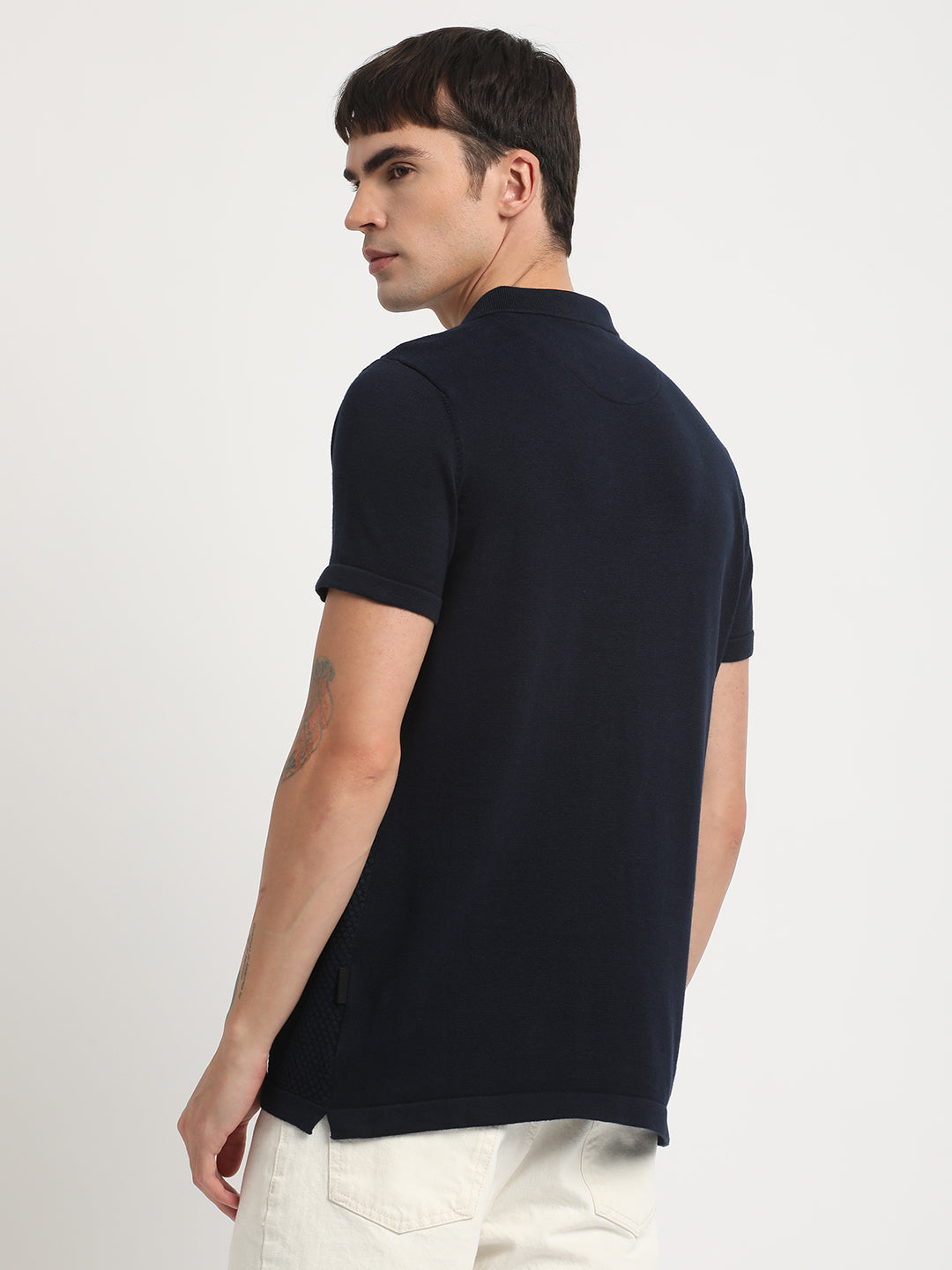 Men Ardor Edition Blue Self Design Slim Fit Knitted Polo Collar T-shirt