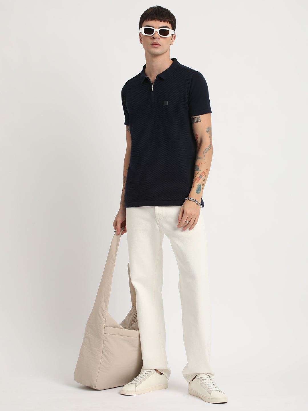 Men Ardor Edition Blue Self Design Slim Fit Knitted Polo Collar T-shirt