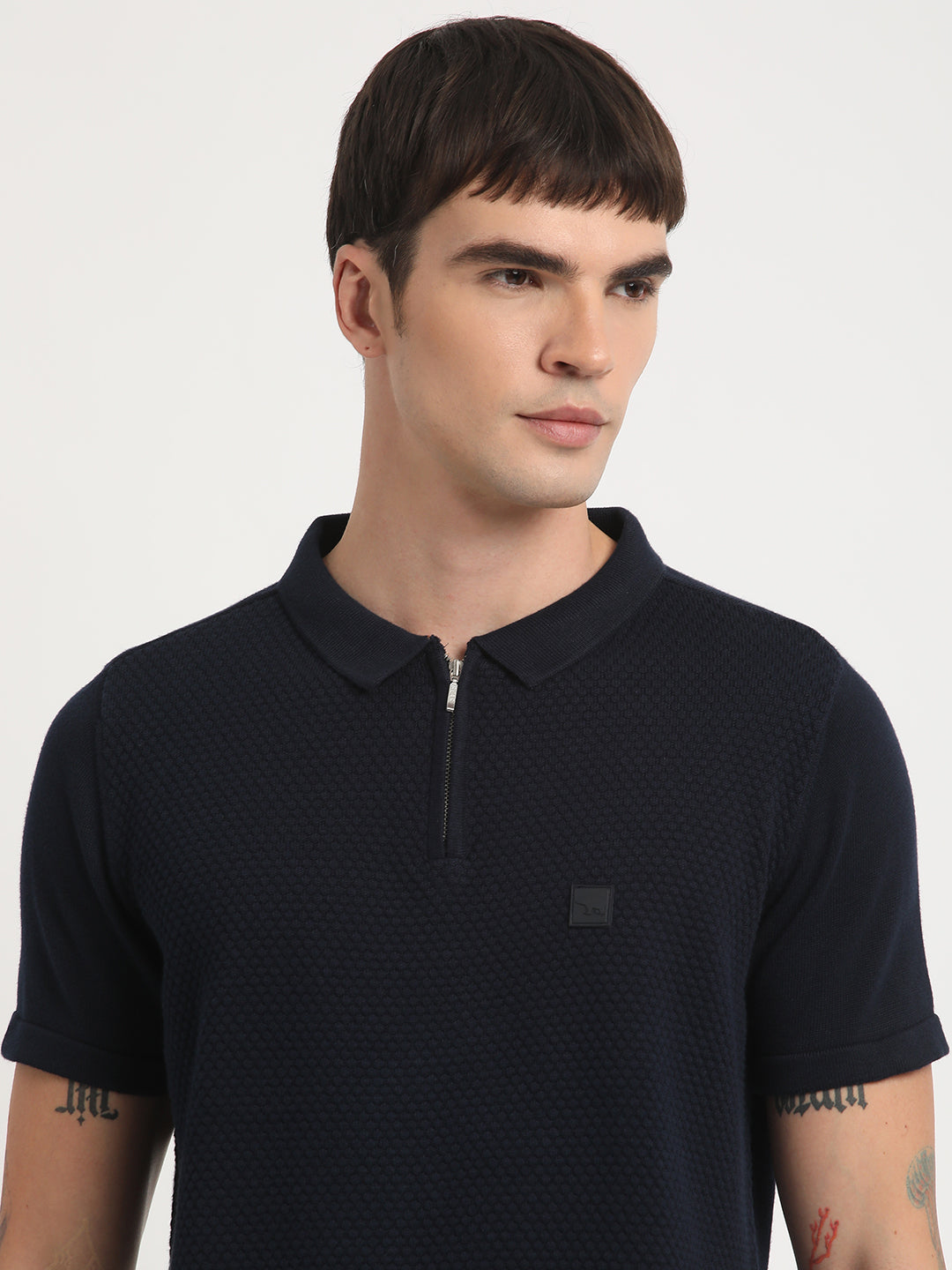 Men Ardor Edition Blue Self Design Slim Fit Knitted Polo Collar T-shirt