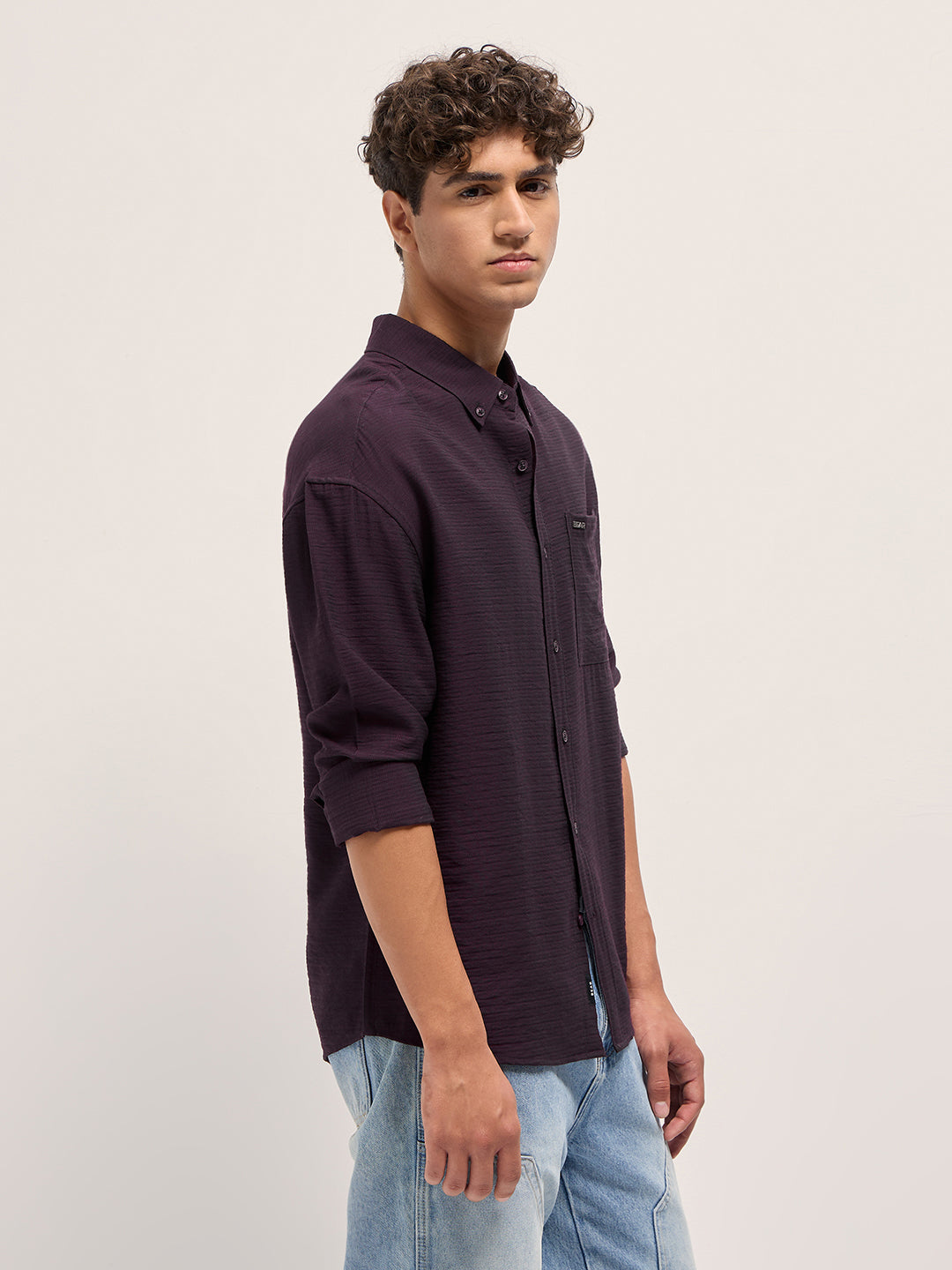 Men Purple Viscose Herringbone Design Relax Fit Casual shirt