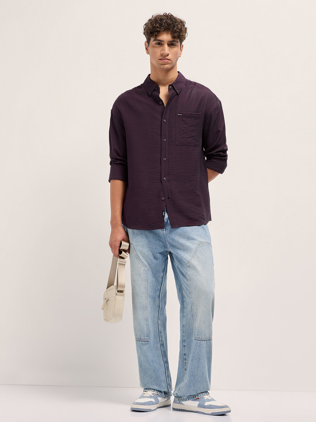 Men Purple Viscose Herringbone Design Relax Fit Casual shirt