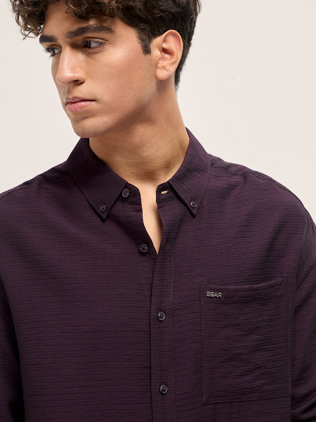 Men Purple Viscose Herringbone Design Relax Fit Casual shirt
