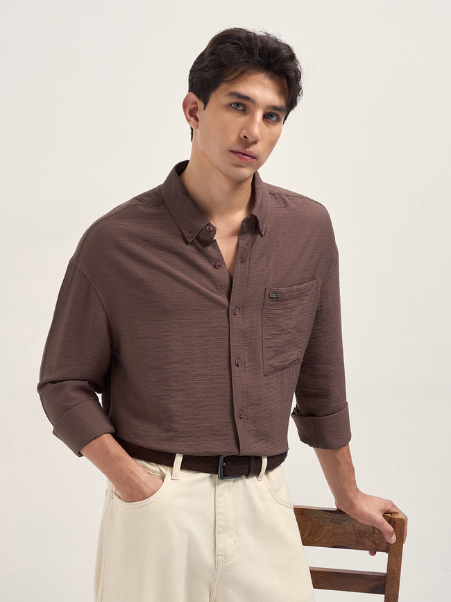 Men Brown Viscose Herringbone Design Relax Fit Casual shirt