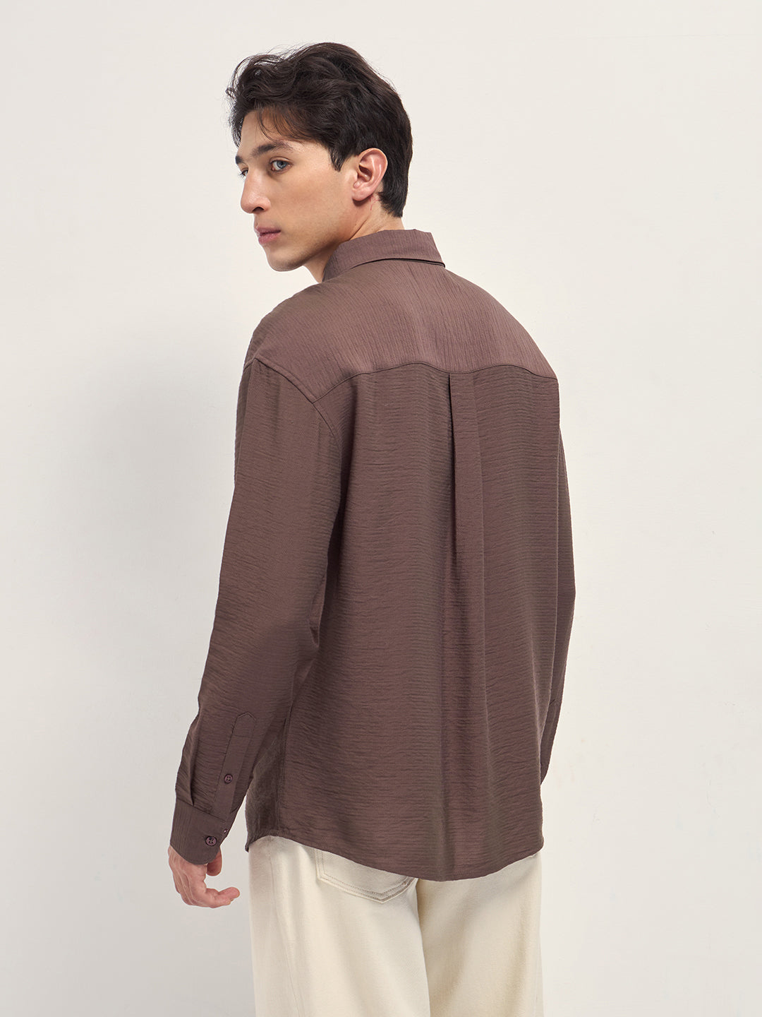 Men Brown Viscose Herringbone Design Relax Fit Casual shirt