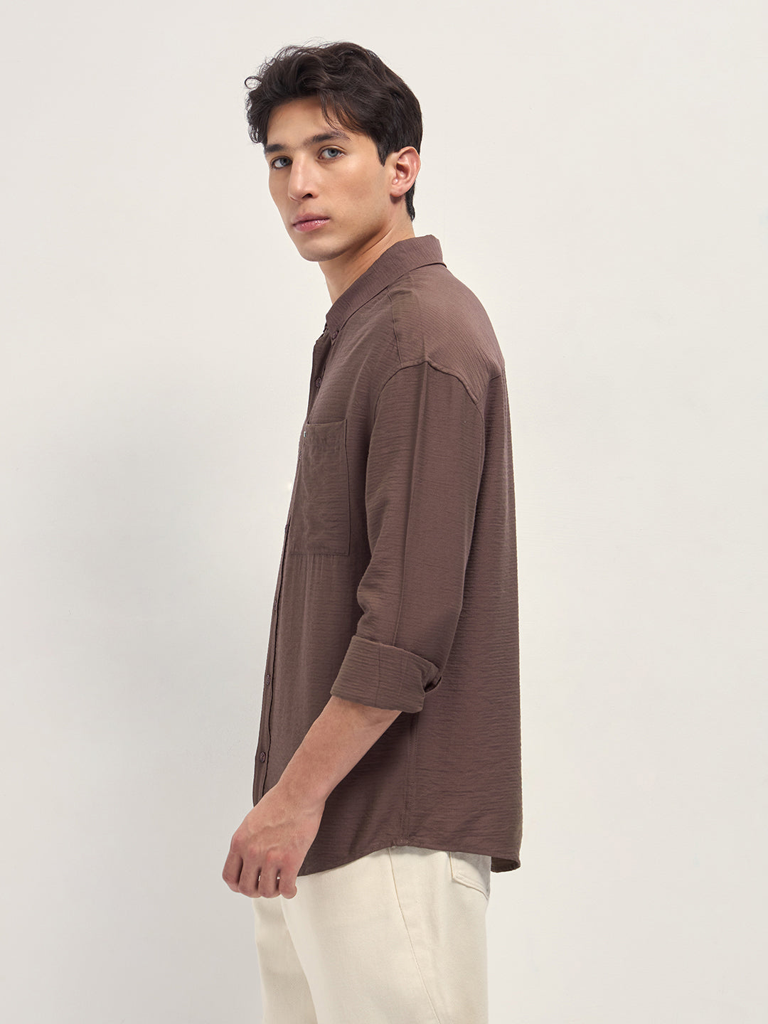 Men Brown Viscose Herringbone Design Relax Fit Casual shirt