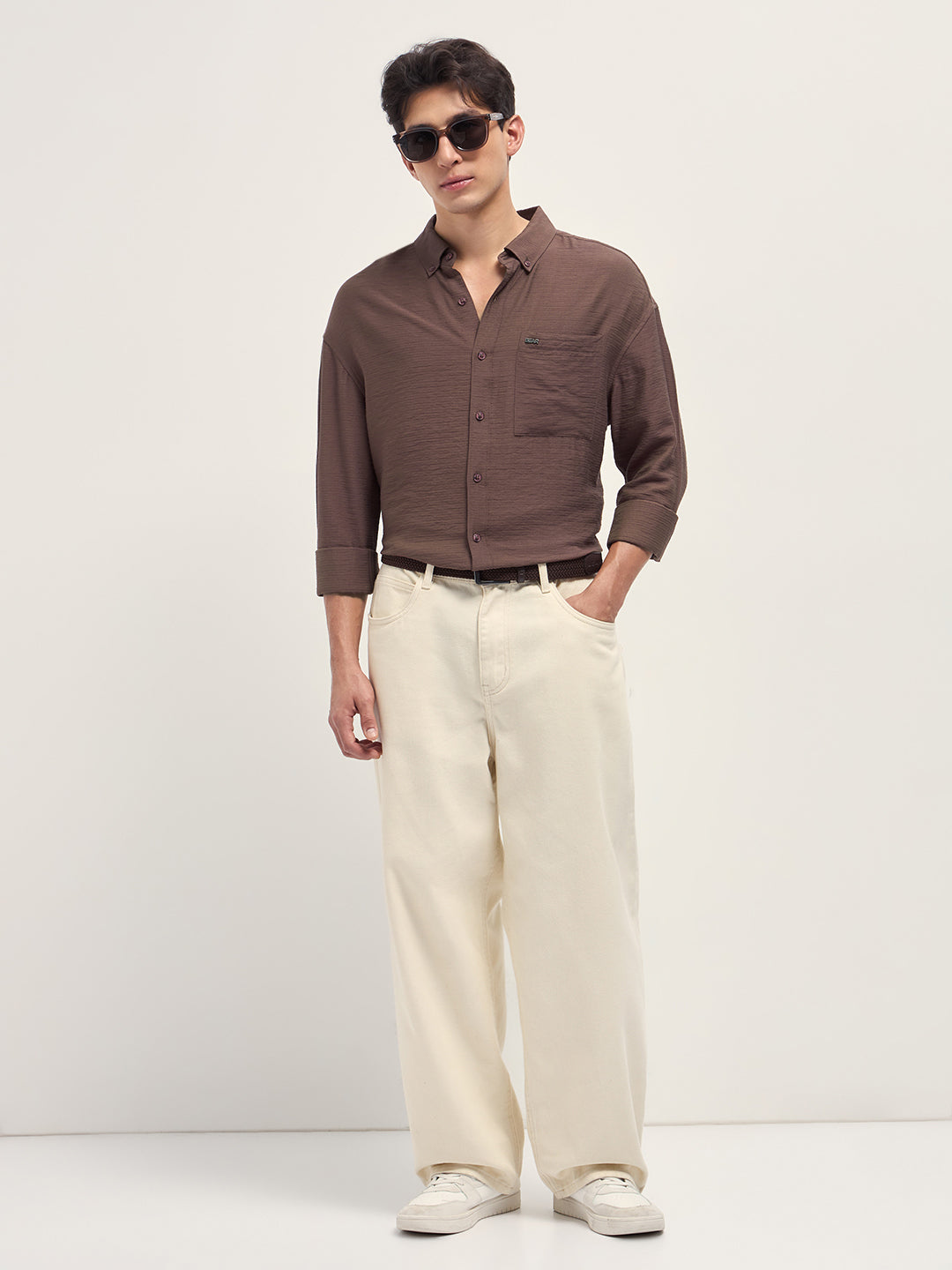 Men Brown Viscose Herringbone Design Relax Fit Casual shirt