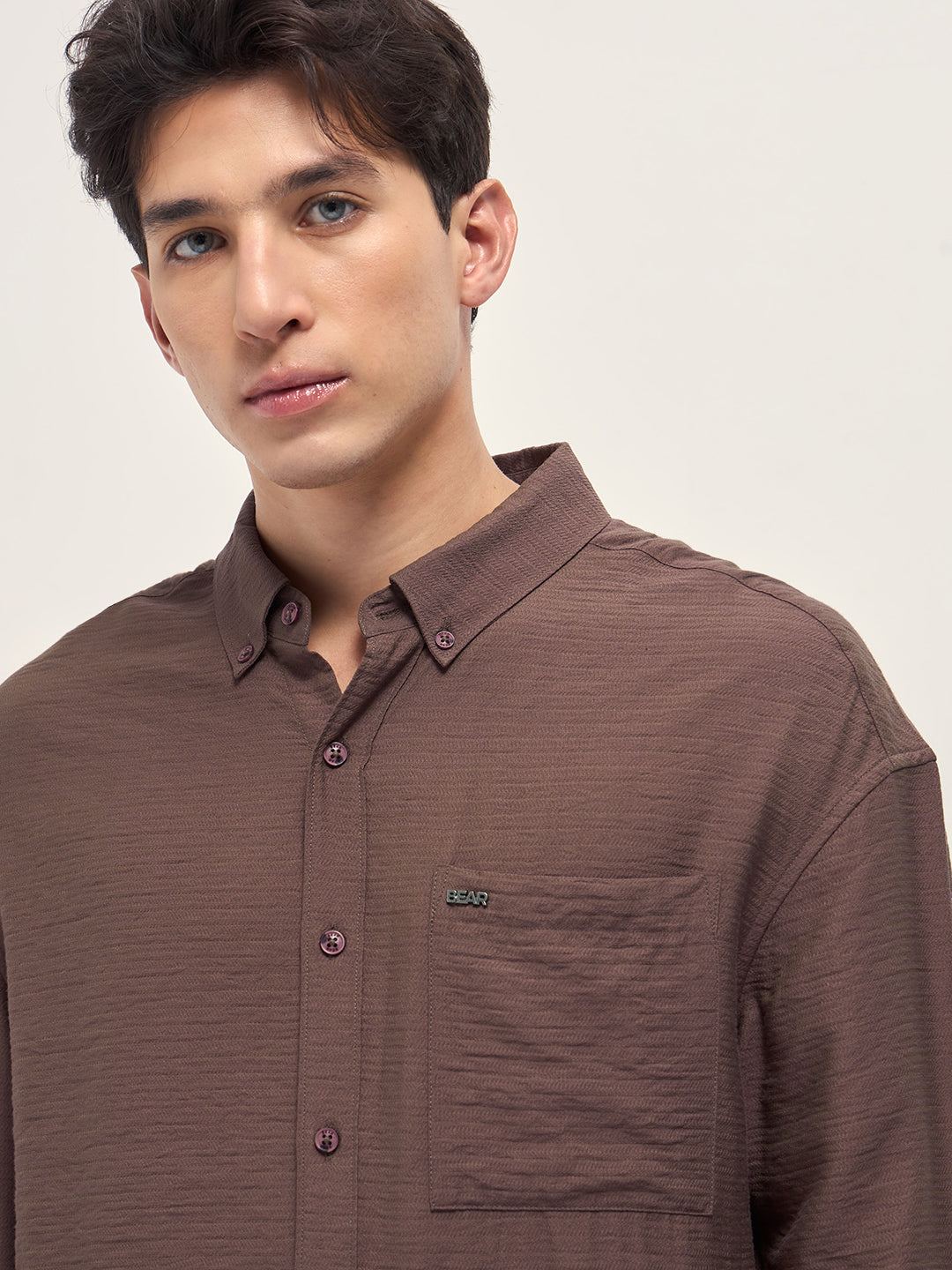 Men Brown Viscose Herringbone Design Relax Fit Casual shirt
