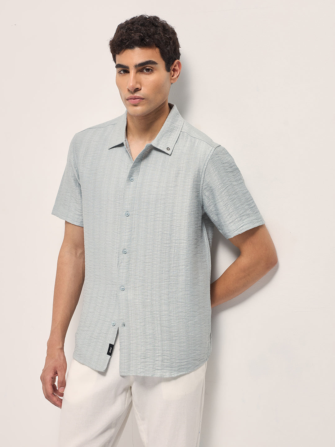 Men Light Blue Crinkled Textured Regular Fit Half-Sleeve Casual Shirt