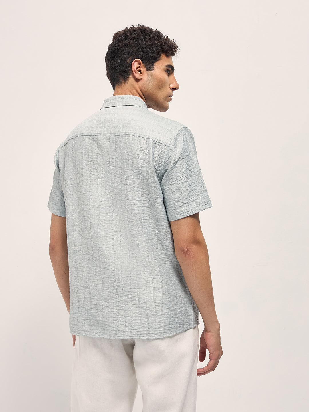 Men Light Blue Crinkled Textured Regular Fit Half-Sleeve Casual Shirt