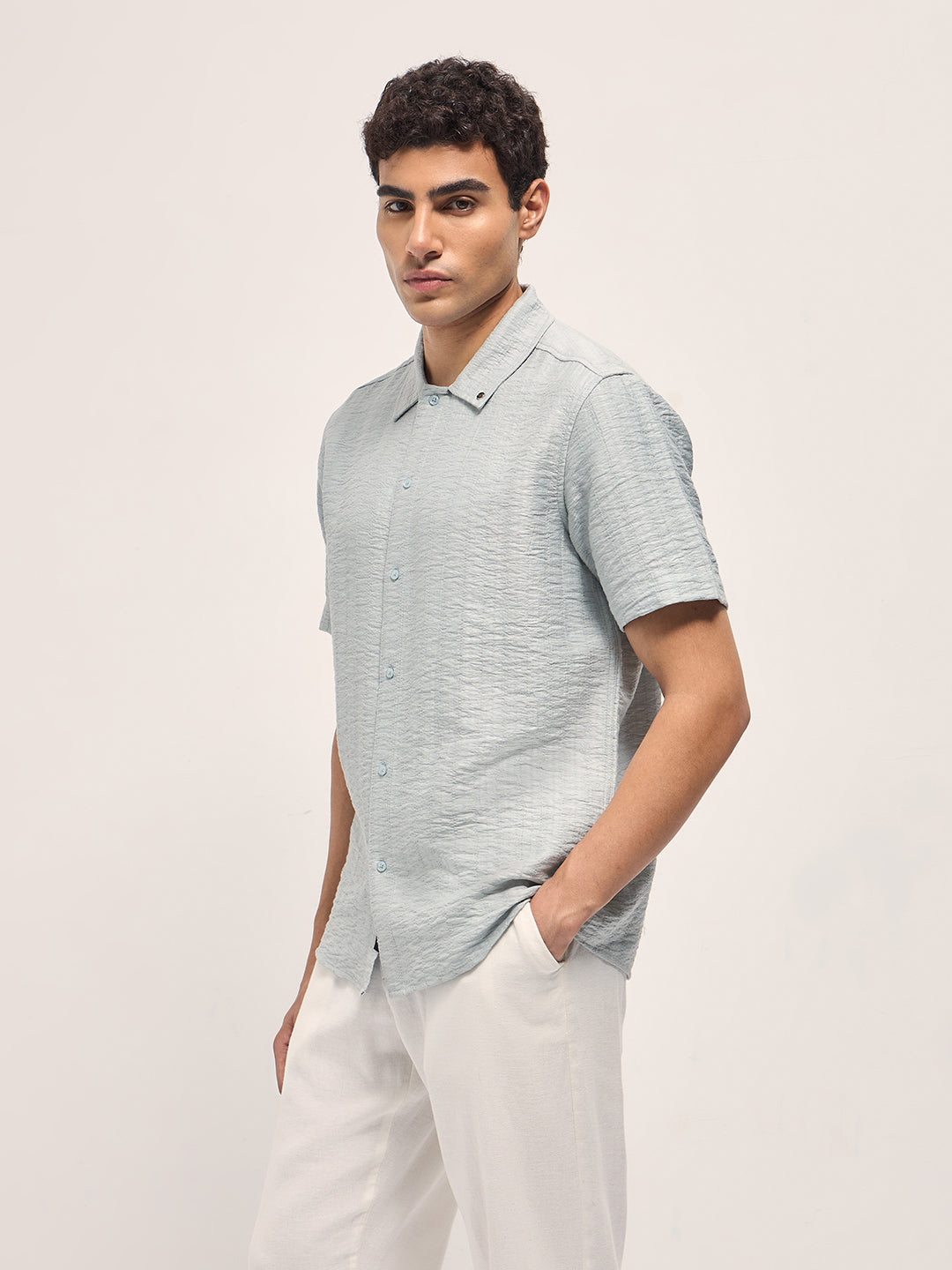 Men Light Blue Crinkled Textured Regular Fit Half-Sleeve Casual Shirt
