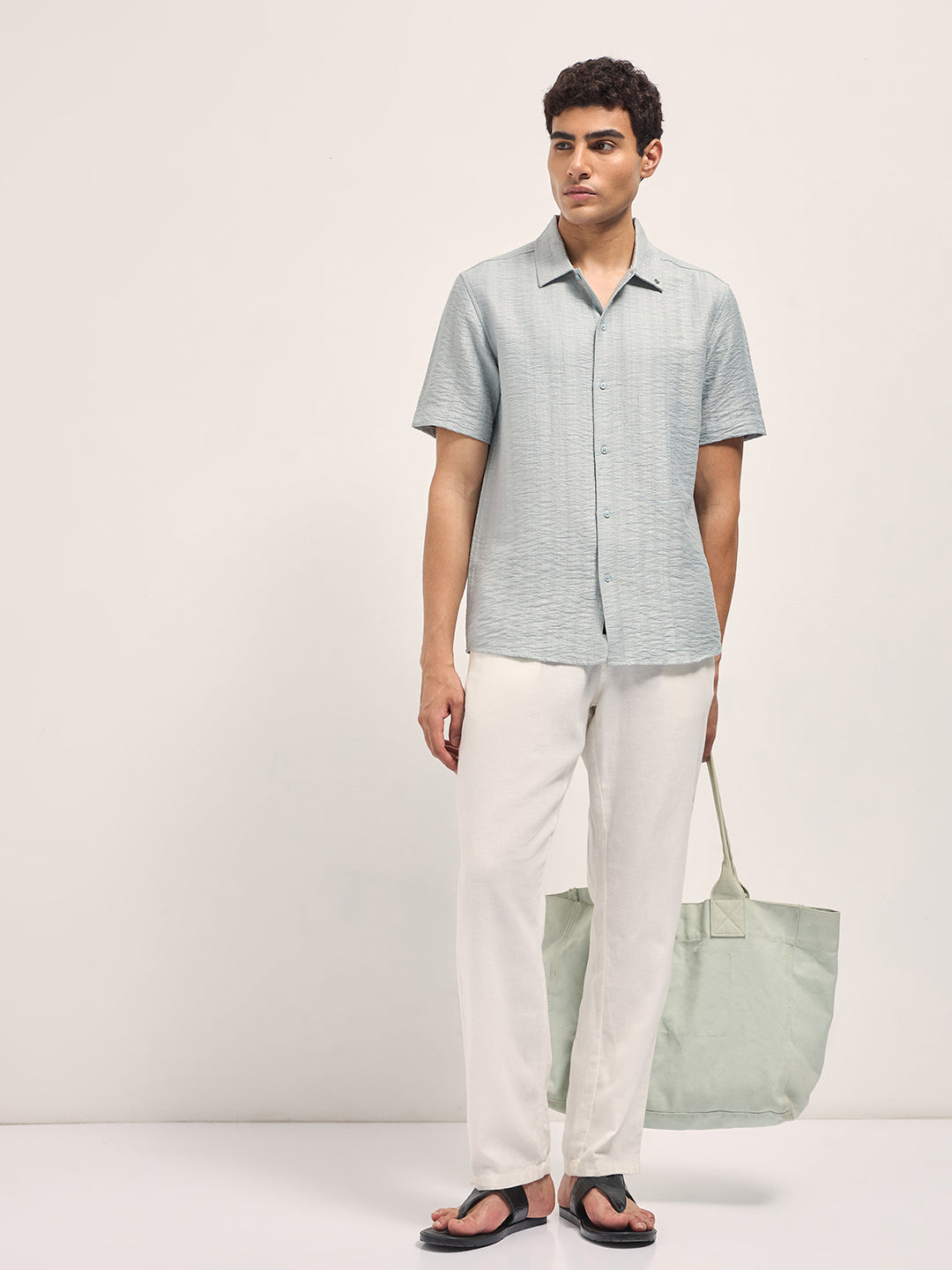 Men Light Blue Crinkled Textured Regular Fit Half-Sleeve Casual Shirt