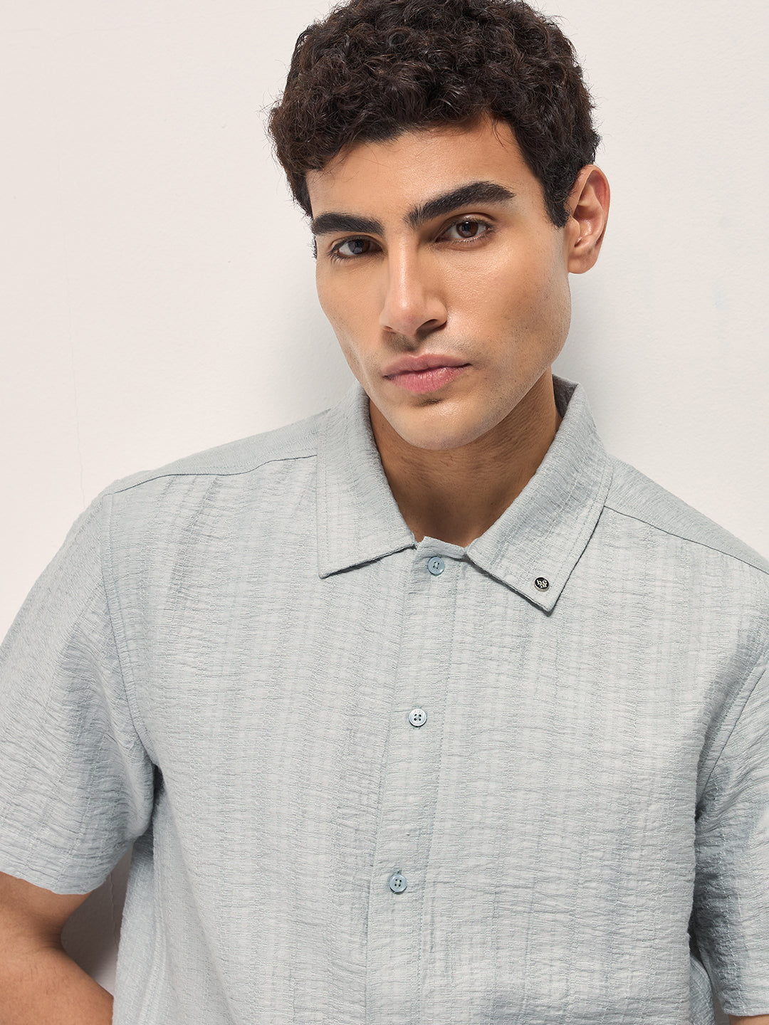 Men Light Blue Crinkled Textured Regular Fit Half-Sleeve Casual Shirt