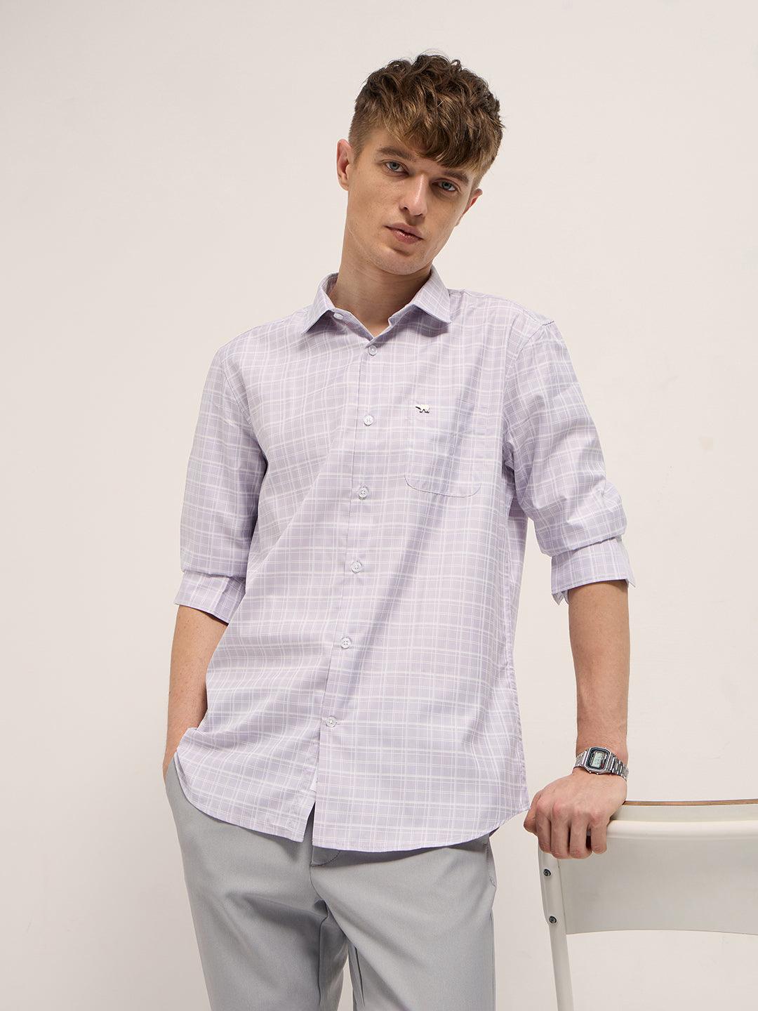 Men Light Purple Checked Tailored Fit Formal Shirt.