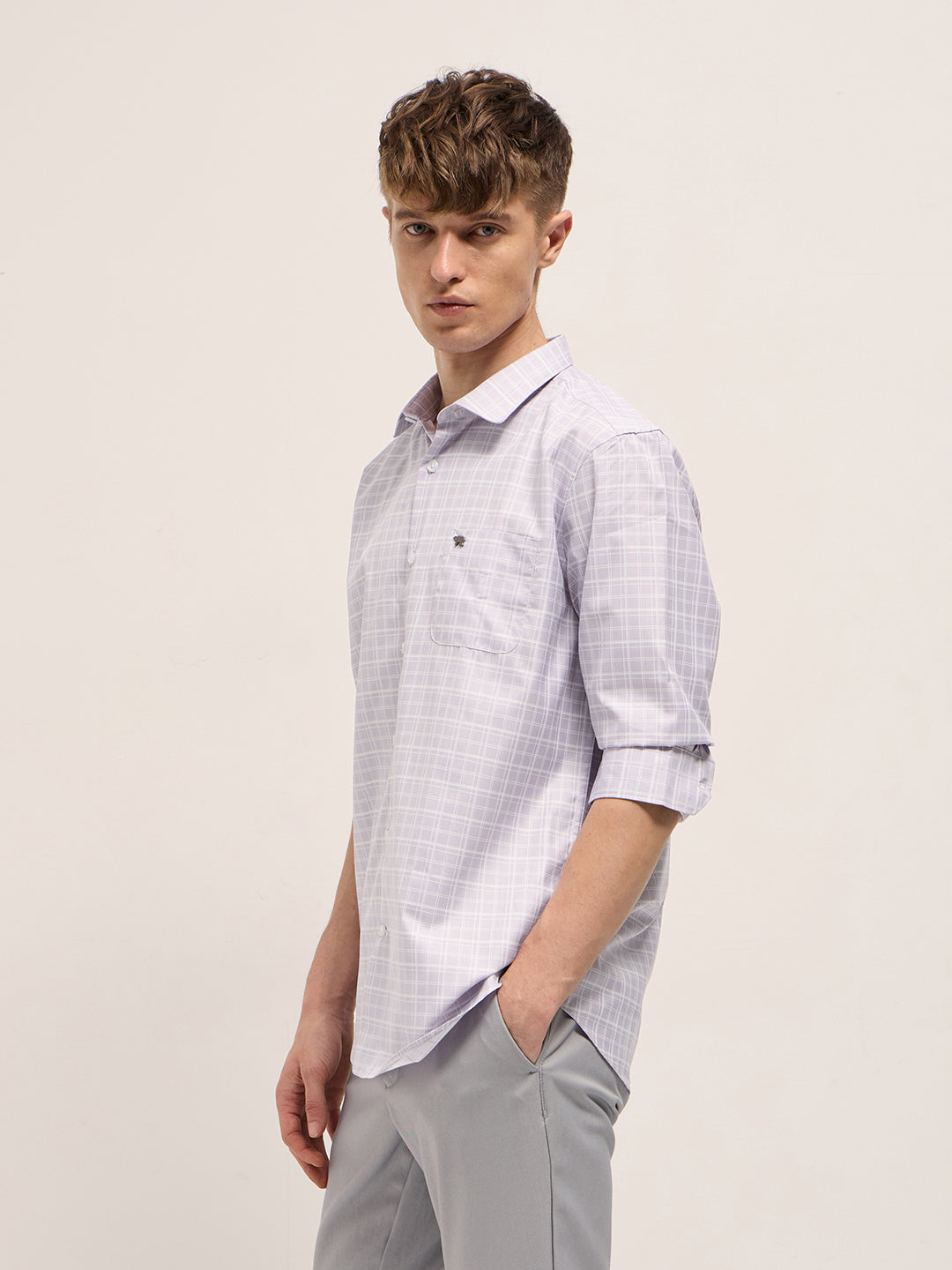 Men Light Purple Checked Tailored Fit Formal Shirt.