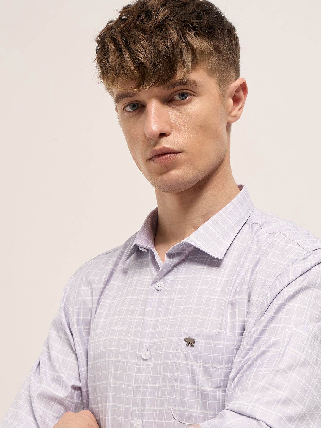 Men Light Purple Checked Tailored Fit Formal Shirt.